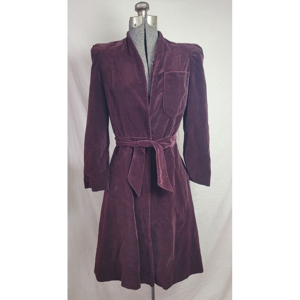 Vintage 60s 70s Velour Velvet Brown Over Coat Trench Tie Waist Size XS/S‎